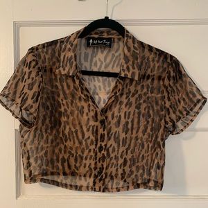Cropped sheer leopard button up